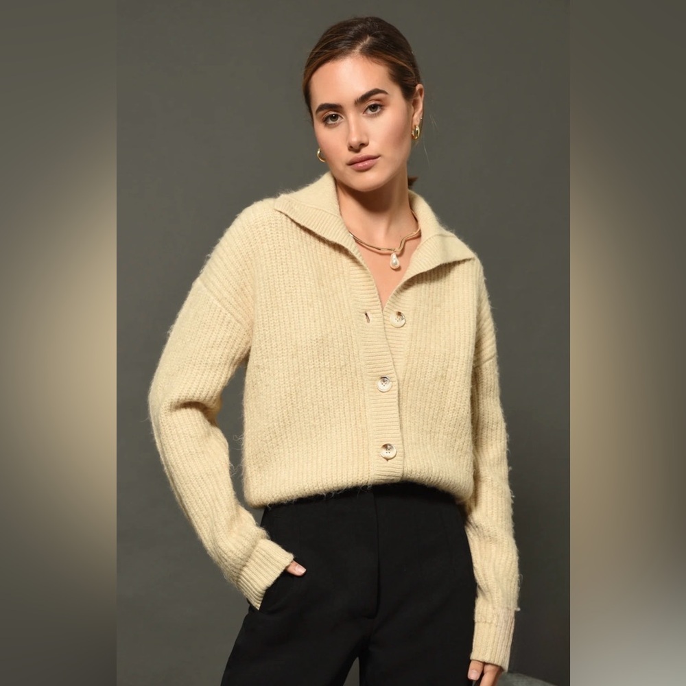 GREYLIN Pauline Button-Front Cropped Knit Sweater | Beige | Size L 🌟